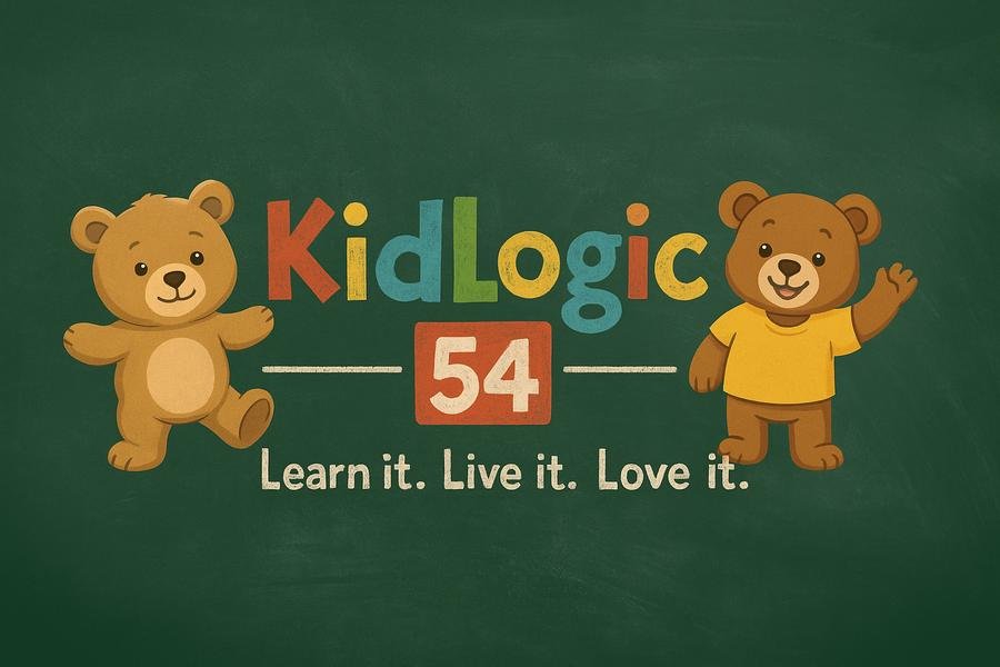 KidLogic 54 — two friendly teddy bears on a chalkboard